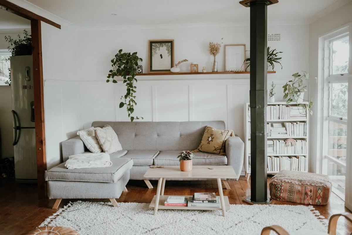 Cosy Nordic-style living room with warm textiles and natural light